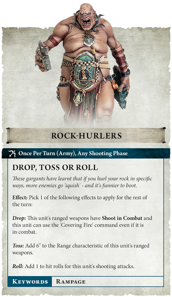 Fantasy ogre warrior on a parchment card labeled Rock Hurlers holding a weapon wearing armor and jewelry