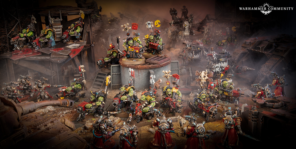 Orc warband clash on a ruined industrial battlefield with black smoke and armored machines a dense diorama of Warhammer miniatures
