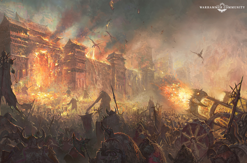 Fiery siege of a colossal fortress with burning towers flying dragons and armored troops clashing below Warhammer battle scene with smoke and siege weapons