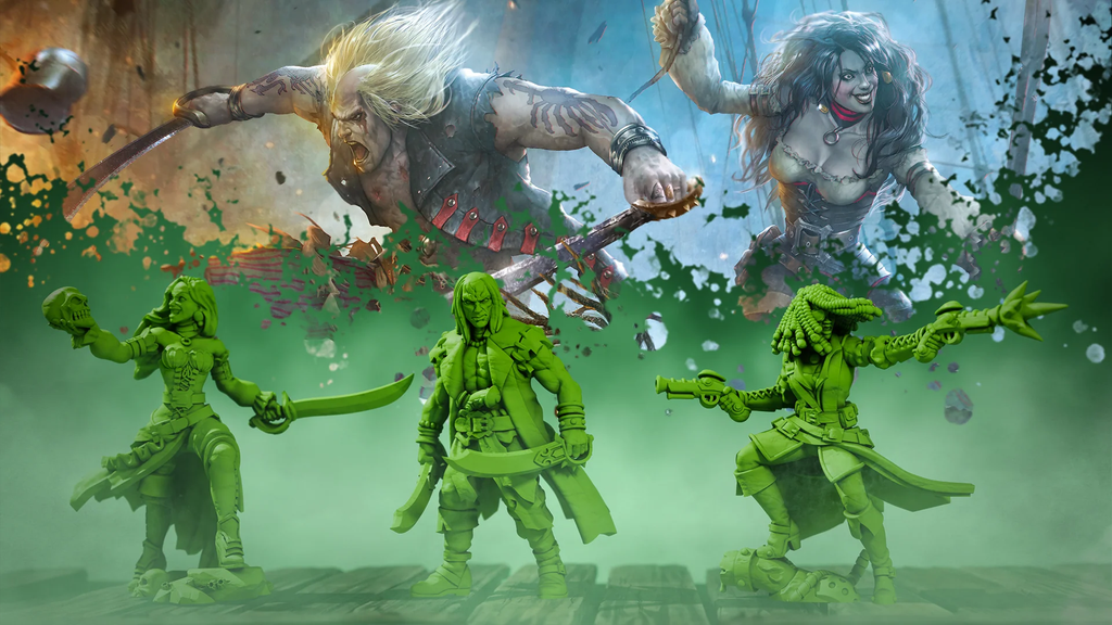 image Frontline Gaming Epic fantasy battle scene with two large armored combatants clashing above a group of bright green toy figures posing with weapons in the foreground