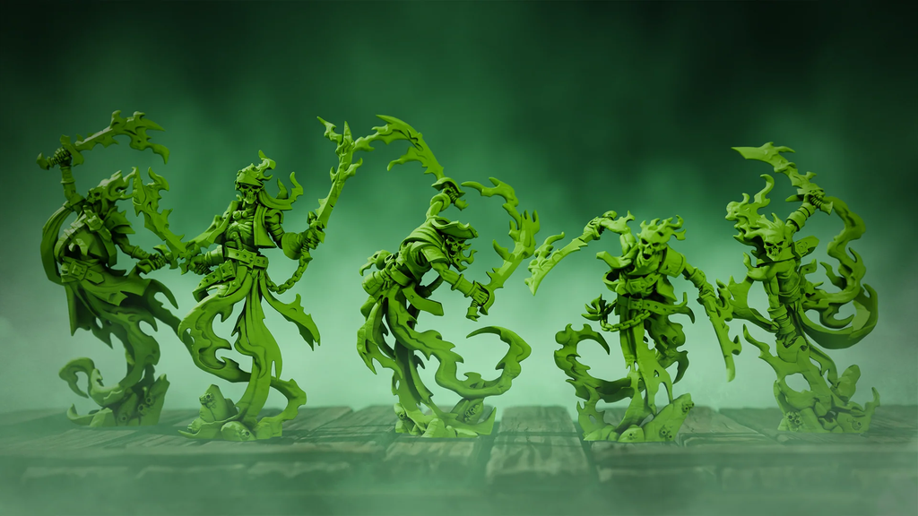 image Frontline Gaming Green plastic skeletal warriors with flaming jagged swords clash on a wooden surface in a fantasy battle scene Warmachine News