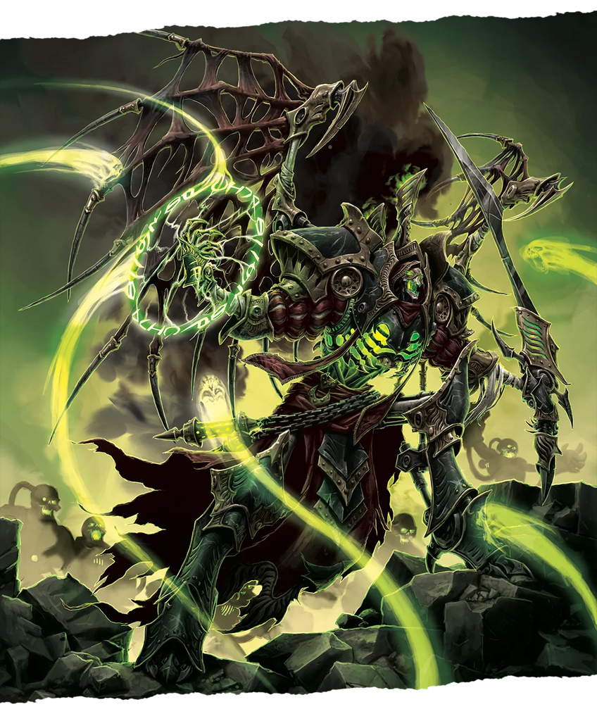 image Frontline Gaming Dark armored demon lord wields glowing green energy in a circular spell while a skeletal dragon looms behind him on jagged rocks