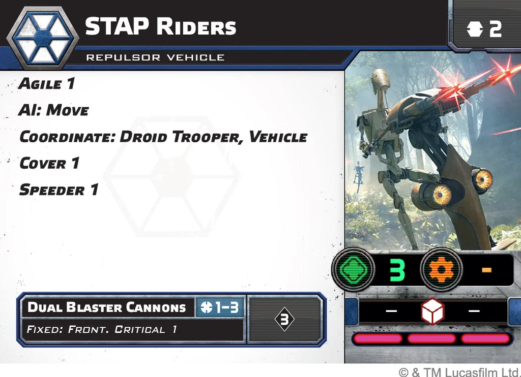 Card for STAP Riders Repulsor Vehicle white info panel lists abilities Agile 1 AI Move Coordinate Droid Trooper Vehicle Cover 1 Speeder 1 with a right side image of a robotic vehicle firing bottom shows Dual Blaster Cannons cost 3 and fixed Front Critical 1 Star Wars Legion News