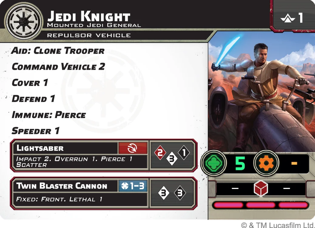 Game UI screen showing a Jedi Knight mission panel with clone trooper objectives vehicle management and unit cards on the left and a character riding a speeder bike with a blue lightsaber on the right side