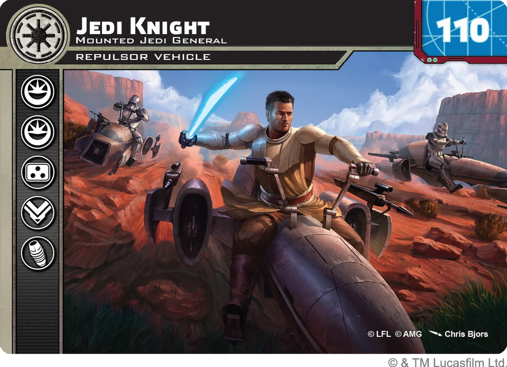 Jedi Knight rides a repulsor vehicle across a red desert canyon blue lightsaber drawn with enemy riders in pursuit in the background