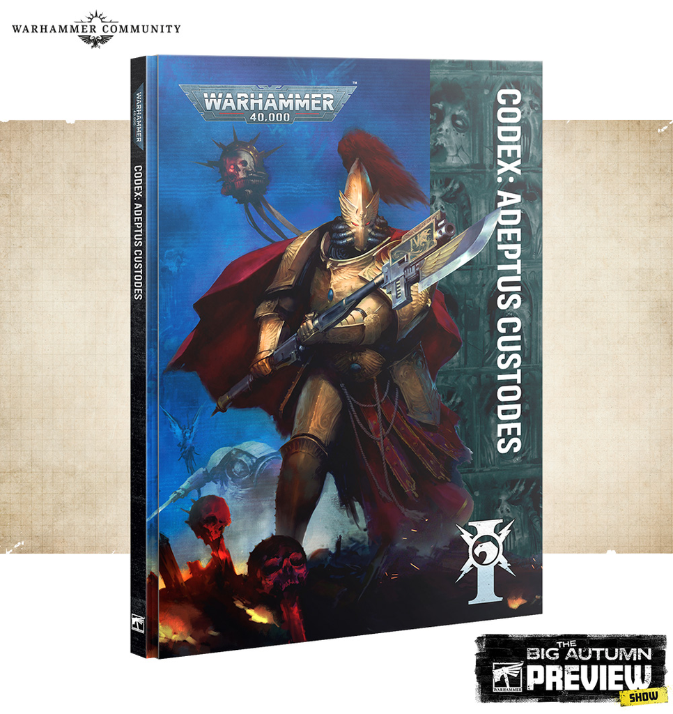 Codex Adeptus Custodes Warhammer 40000 box art featuring a gold armored custodian wielding a curved sword red cape and skulls at the base