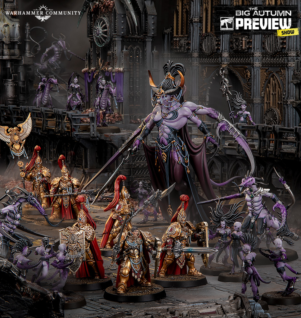 Warhammer battle scene gold armored knights clash with purple demon kin in a gothic fortress setting with The Big Autumn Preview Show branding in the corner