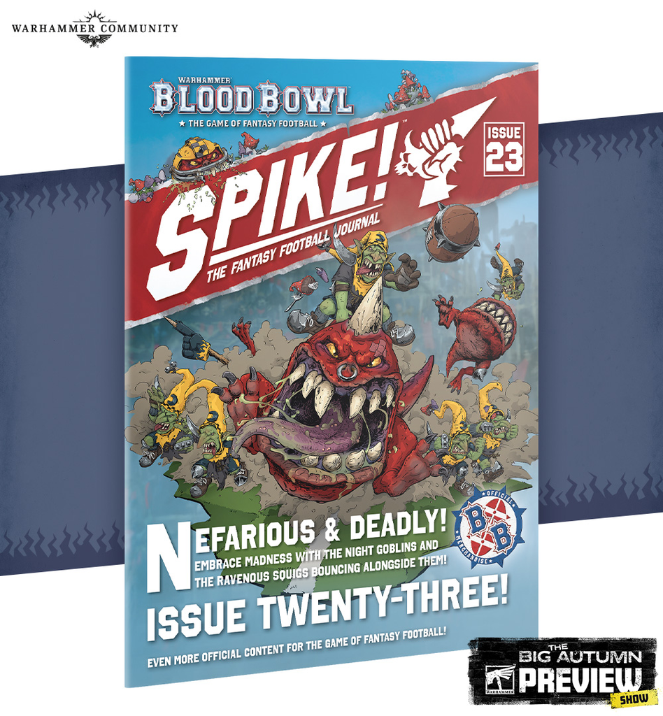 Tilted cover of Spike The Fantasy Football Journal Issue 23 featuring a red demon monster bold white title and the headline Nefarious  Deadly Issue Twenty Three with a Warhammer Community logo in the top left