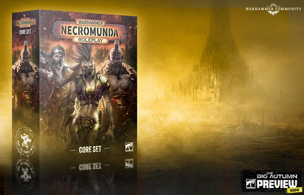 Box art for Warhammer Necromunda Core Set showing three armored characters on a gold backdrop with game logo