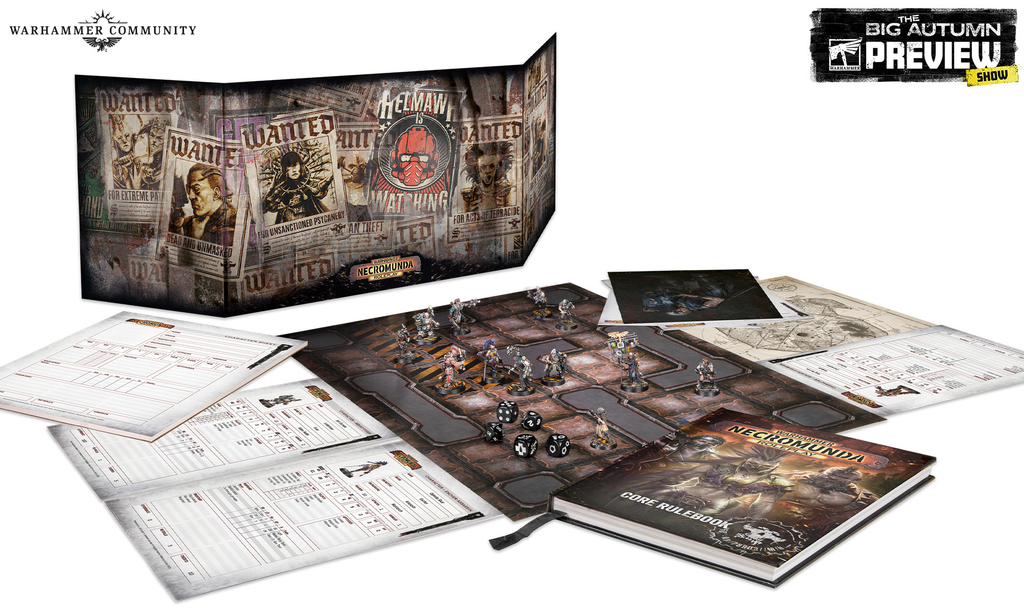 Necromunda core rulebook with miniatures dice and player sheets laid out for gameplay setup