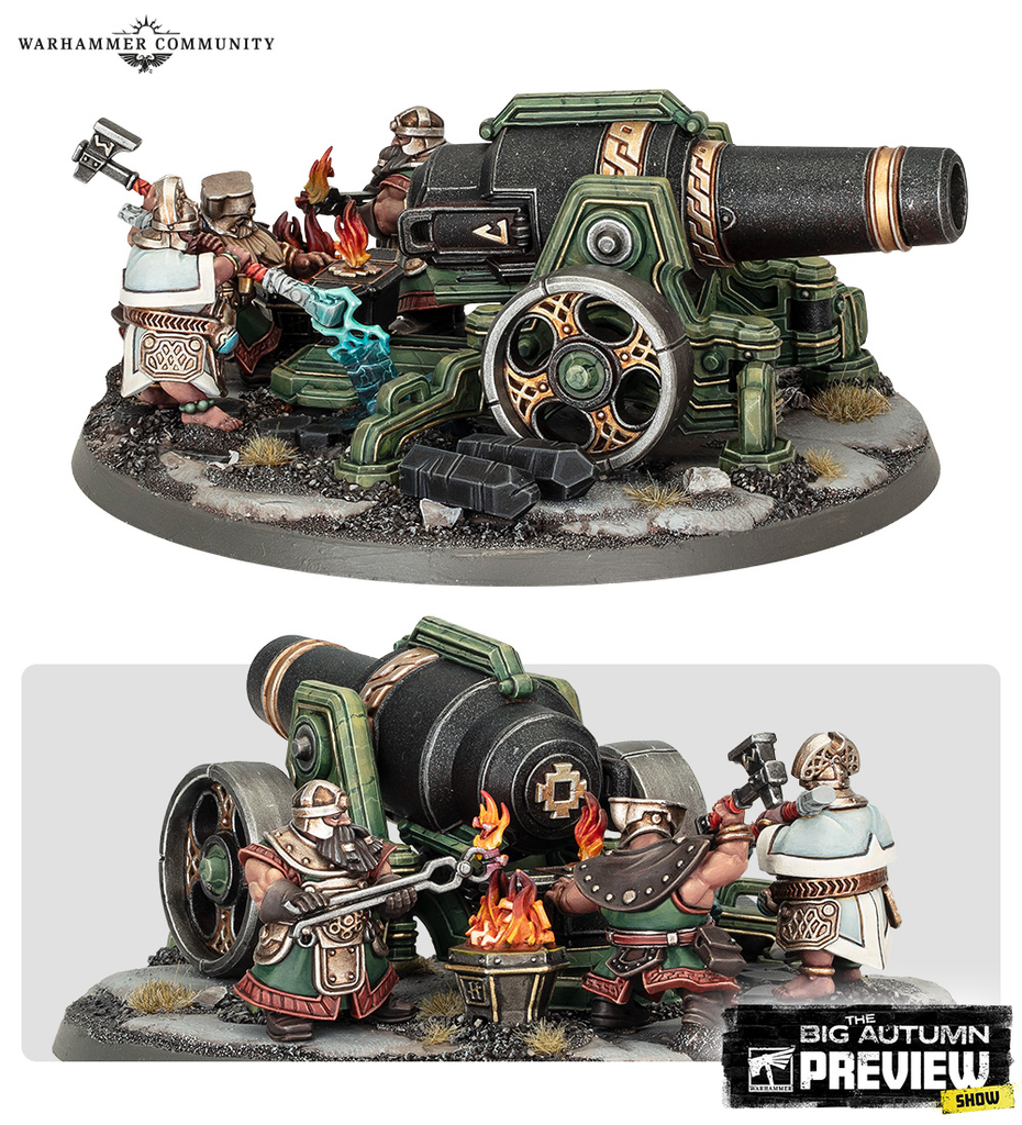 Warhammer siege cannon with dwarven crew preparing to fire on a rocky base