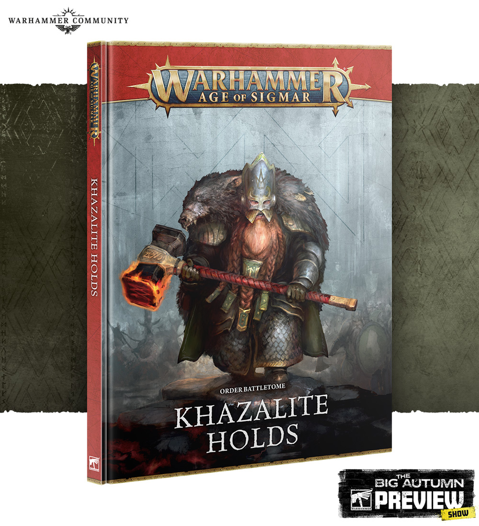 Warhammer Age of Sigmar book cover Khazalite Holds featuring a heavily armored dwarf with a large hammer standing in a rocky dark scene