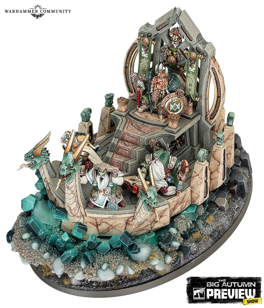 Dwarven throne room diorama with a king on a stone throne flanked by guardians on a jagged rocky base with teal crystals and banners