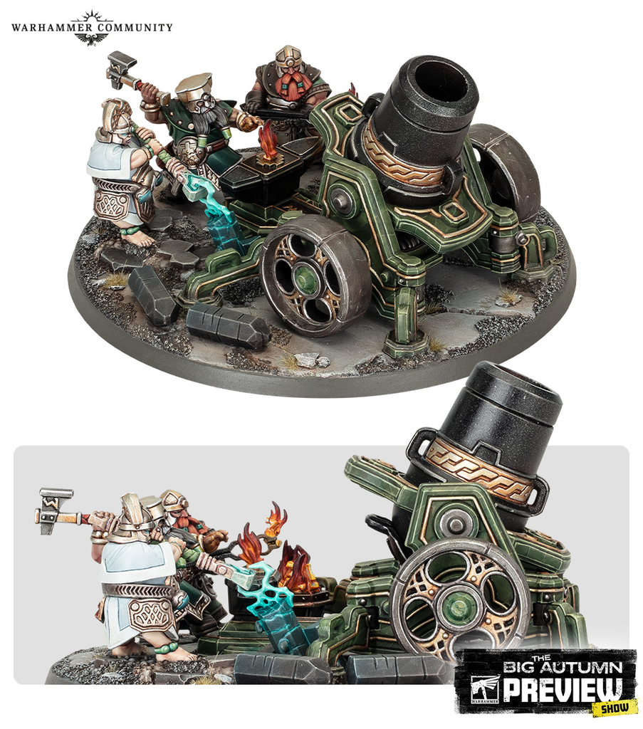 Warhammer Community diorama green siege cannon with dwarf crew firing a glowing blue energy bolt on a rocky base