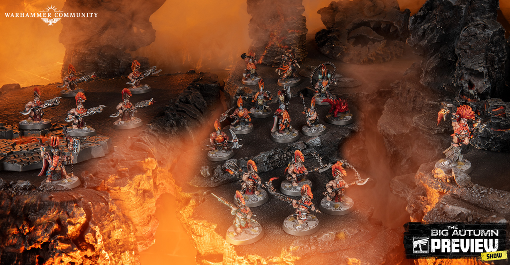 Warhammer miniatures clash on a lava filled rocky battlefield Warhammer Community logo in the top left Big Autumn Preview Show banner bottom right