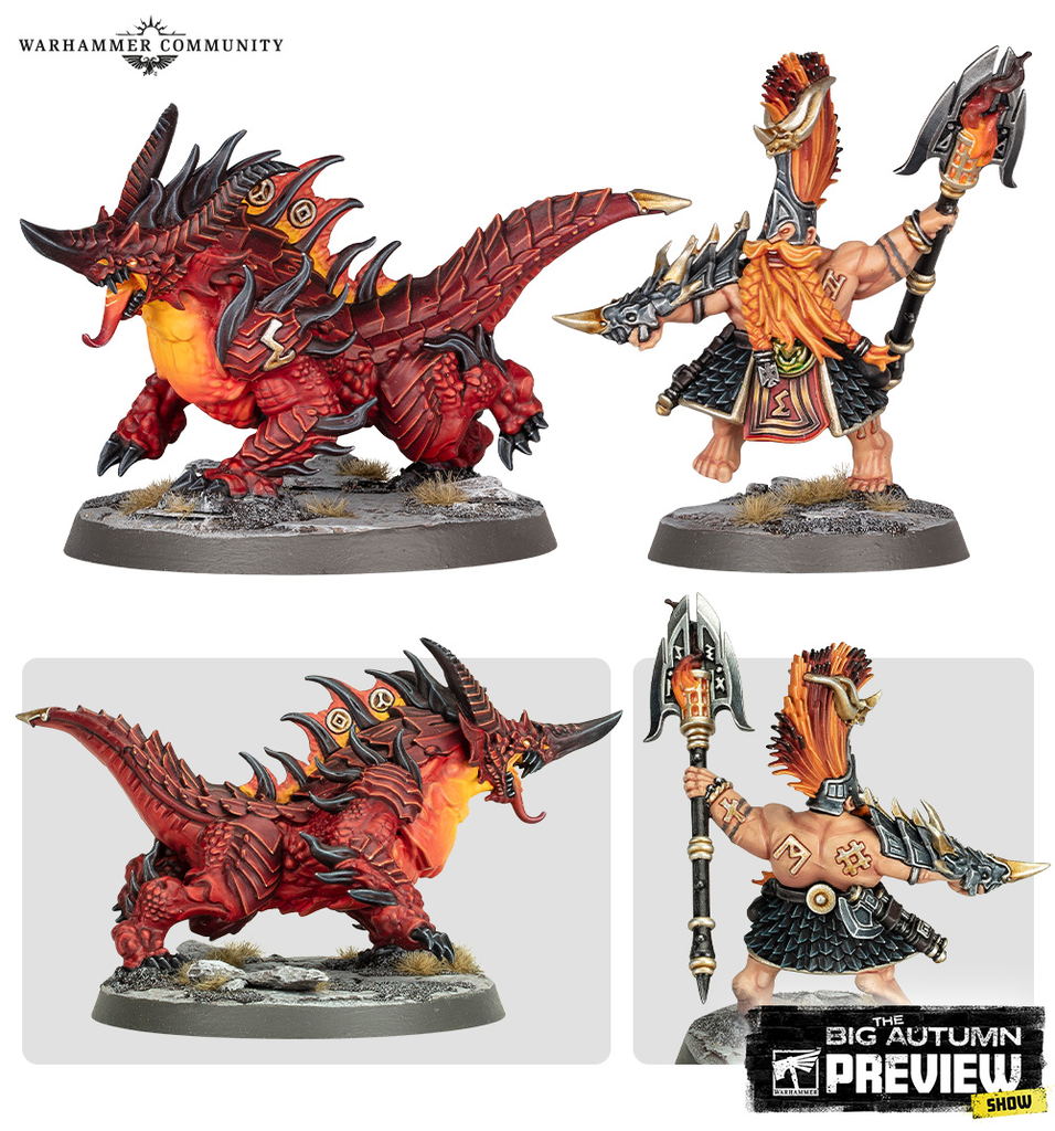 Group image of Warhammer miniatures a red dragon and an armored dwarf with a large double headed axe both on round bases with Warhammer Community branding visible