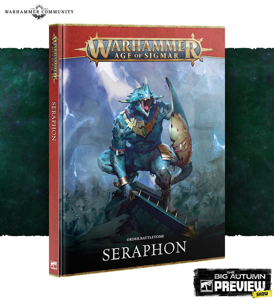 Warhammer Age of Sigmar Seraphon battletome box blue reptilian warrior with sword and shield title Seraphon on the cover