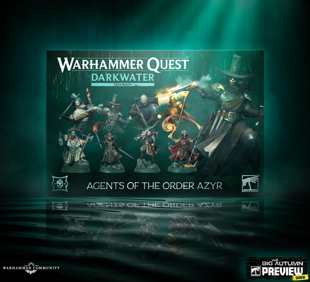 Box art for Warhammer Quest Darkwater expansion featuring a band of armored adventurers charging forward with a large shadowy figure on the right and the game logo above them