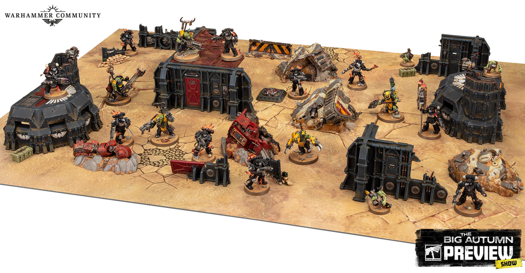 Warhammer 40k tabletop battle on sandy terrain with fortress ruins advancing squads and a bottom right preview banner