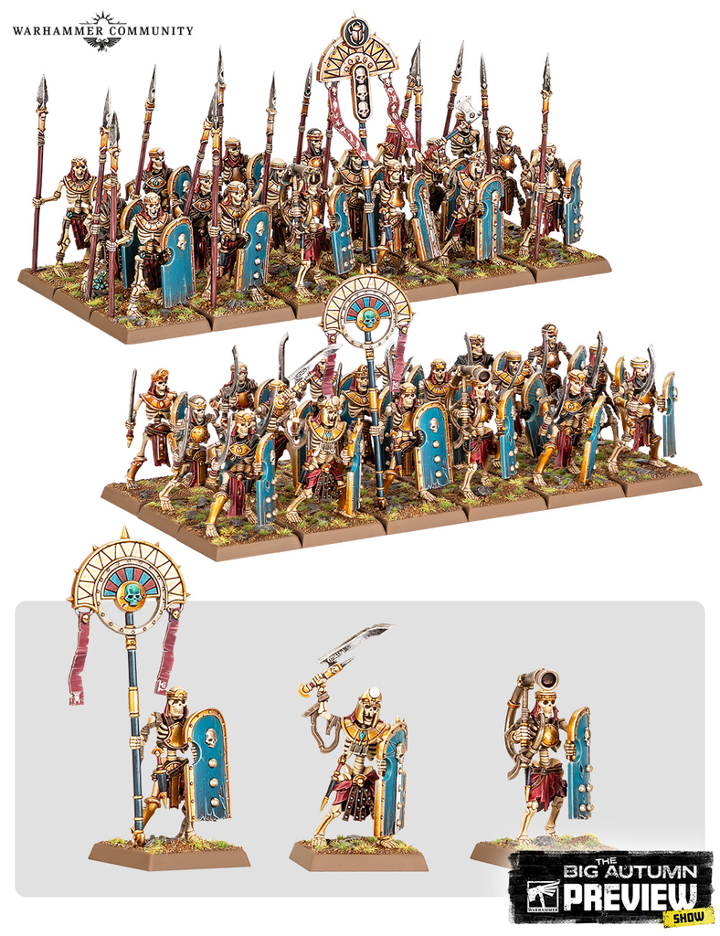 Two ranks of painted skeleton warrior miniatures with blue shields and spears banners and ornate armor on square bases Warhammer branding visible in the background