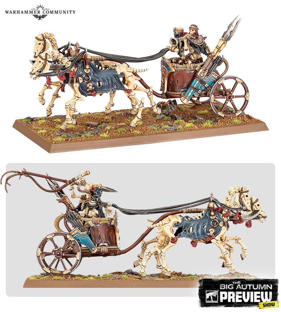 Warhammer miniature skeletal horse drawn chariot with two armored riders on a grassy diorama base logo visible in top left