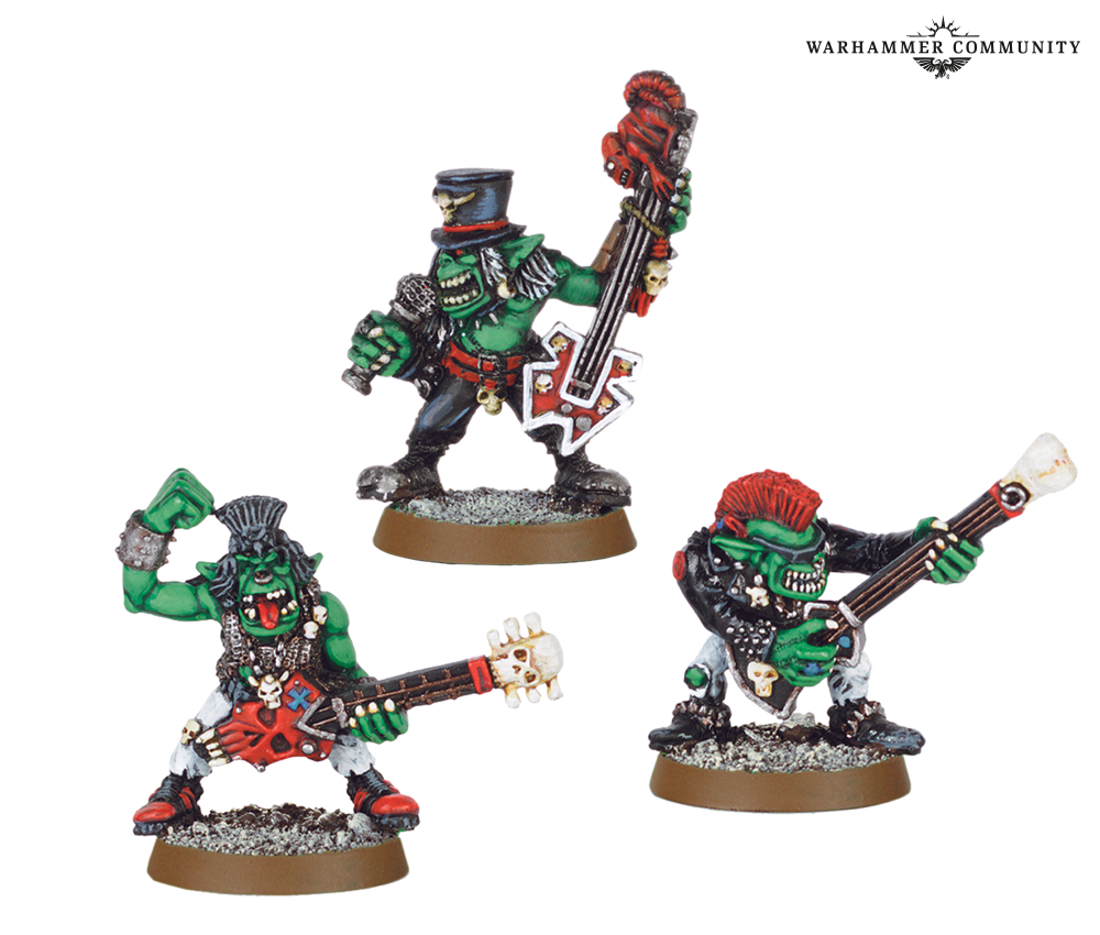 image Frontline Gaming Three green orc miniatures forming a rock band each holding a guitar or bass on textured bases