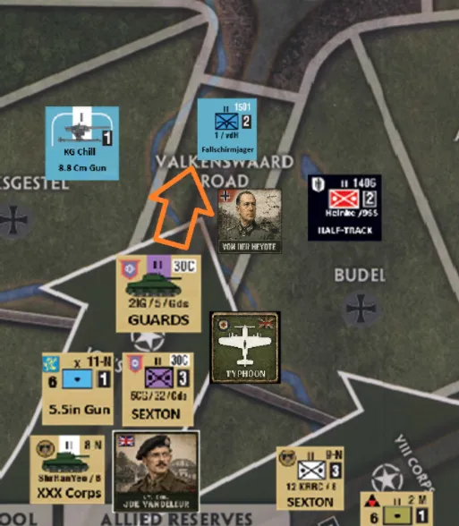 image Frontline Gaming Frontline map fragment from a strategy game an orange arrow points to a blue unit counter near Valkenswaard Road as the planned target