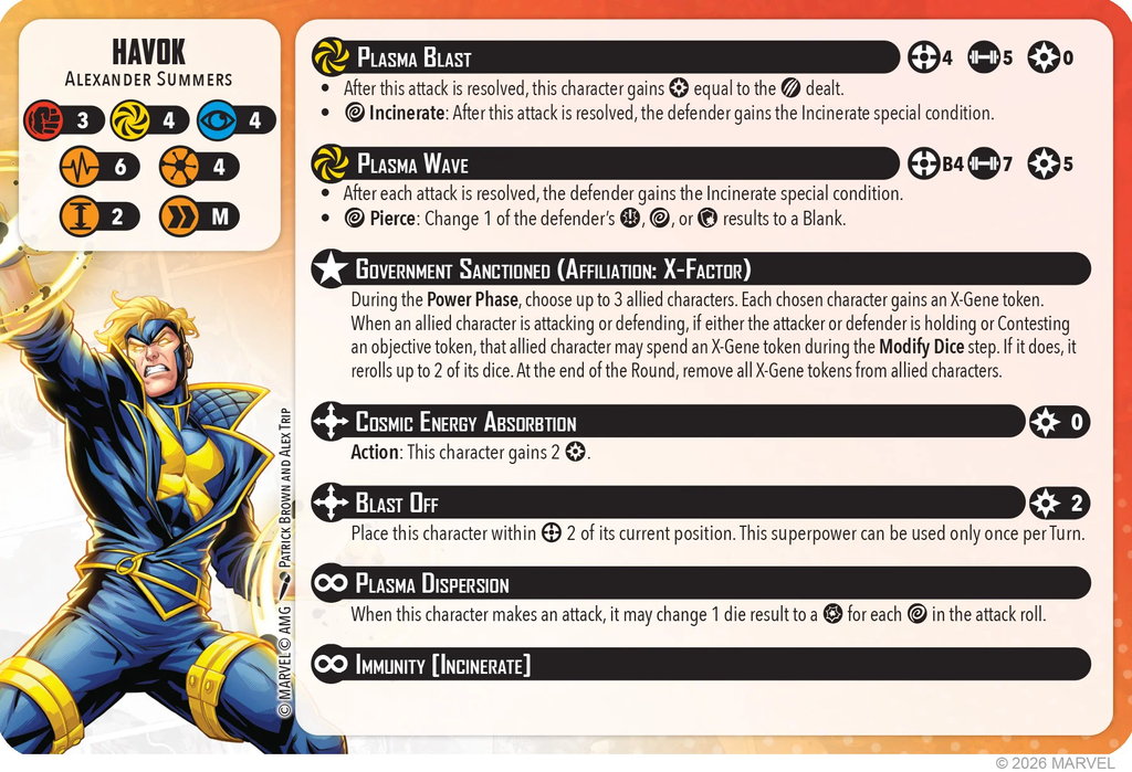 Character card for Havok Alexander Summers with power icons and stat numbers on the left and ability text on the right panel