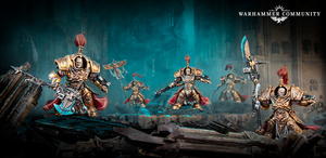 Golden armored Warhammer miniature battle squad posed on a ruined battlefield with teal glow and the Warhammer Community logo in the corner