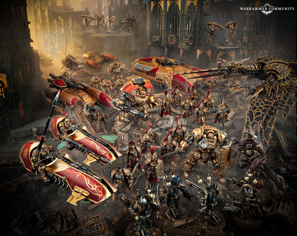 A vast siege scene with ornate gold and red armored warriors clashing amid towering gothic ruins and war machines