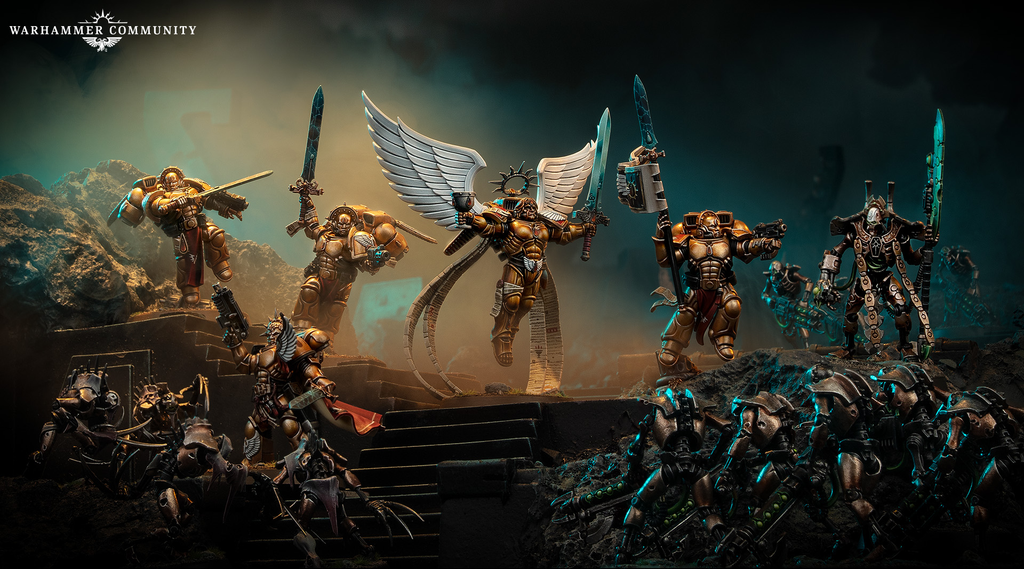 Warhammer style battle scene with golden armored angels wielding swords and wings atop a rocky battlefield logo in top left corner Warhammer Community