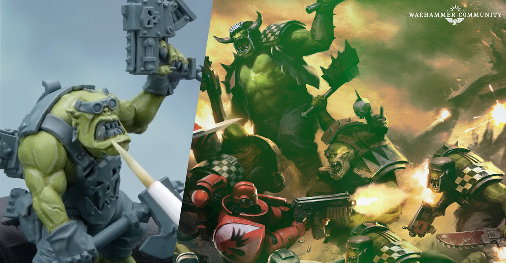 Orc warrior lifts a large hammer in a gray armor tight scene left side with a chaotic battle on the right suggesting a Warhammer clash