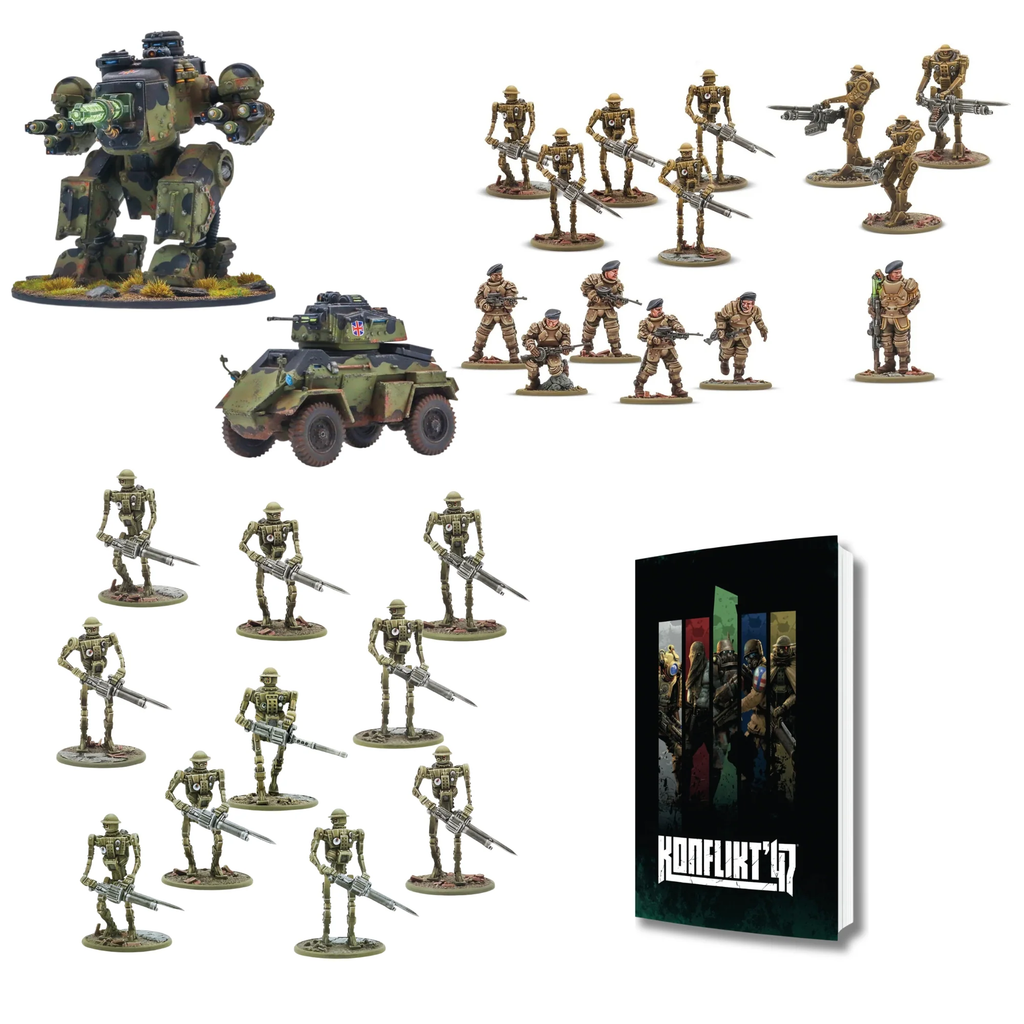 Group of brown skeletal soldiers with rifles a large camouflaged walking mech and a green armored tank on the left boxed game on the right labeled aposKonflikt 47apos Conflict 47 Aimed at a tabletop war game Konflikt apos47 Birthday Bundles
