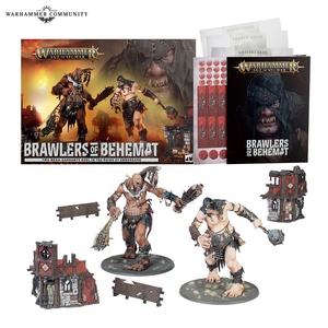 Warhammer Age of Sigmar Brawlers of Behemat box set with two barbarian miniatures ruin themed terrain pieces tokens and rulebook shown
