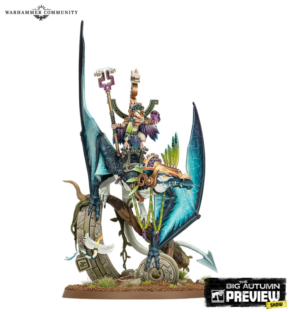 Warhammer miniature rider on a blue winged dragon with ornate armor and gears on a textured base from The Big Autumn Preview
