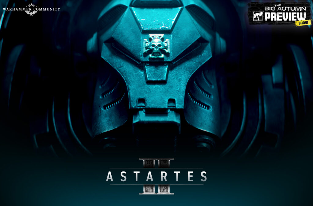 Close up of a blue metallic armored helmet with a central skull emblem Warhammer Community branding at top left and an Autumn Preview banner at top right
