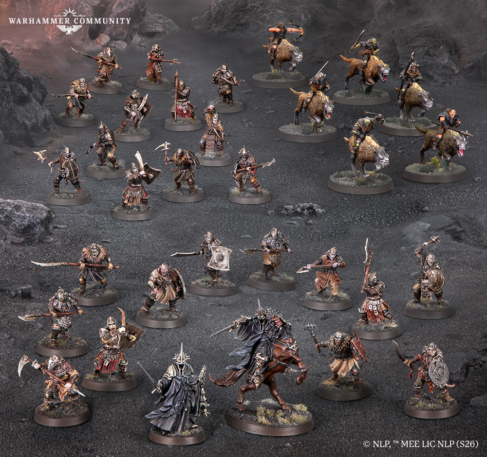 Group of Warhammer fantasy miniatures arranged on rocky terrain for a tabletop scene