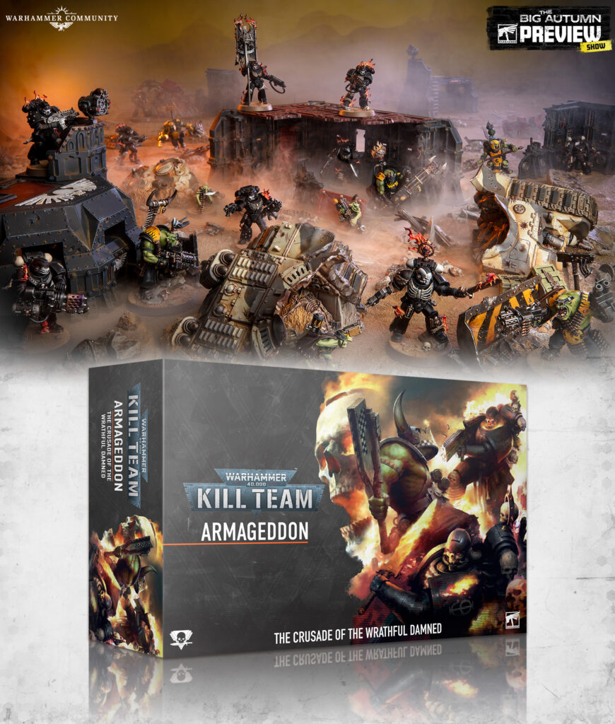 Orks clash with Space Marines on a ruined battlefield with tanks and explosions Warhammer Kill Team Armageddon display