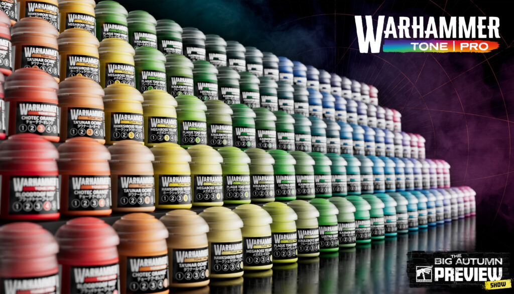 Row of Warhammer Tone Pro paint pots in a rainbow gradient with the Big Autumn Preview Show banner in the corner
