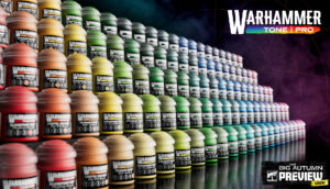 Row of Warhammer Tone Pro paint pots in a rainbow gradient with the Big Autumn Preview Show banner in the corner