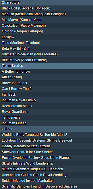 nashcon winner Frontline Gaming Scrolling list of character names and team tactics including Black Bolt Medusa Ms Marvel sections Characters and Team Tactics