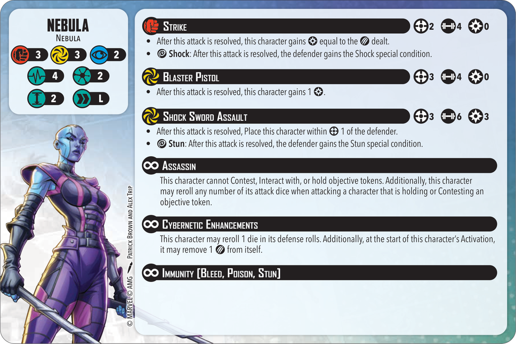 nebula Frontline Gaming Nebula character card with portrait on the left and a list of abilities on the right Strike Blaster Pistol Shock Sword Assault Assassin each with icons and stat dots