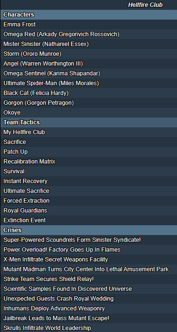nova winner Frontline Gaming Roster style image titled Hellfire Club listing characters Emma Frost Omega Red Mister Sinister Storm Angel Omega Sentinel Ultimate Spider Man Black Cat Gorgon Okoye followed by a Team Tactics section and many action headlines eg Super Powered Scoundrels Form Sinister Syndicate Power Overload Factory Goes Up In Flames Inhumans Deploy Advanced Weaponry The image conveys a character roster and news like tactics headlines