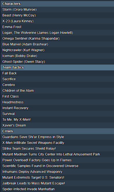 second wind winner Frontline Gaming Sidebar list of character names and mission titles grouped under Characters Team Tactics and Crises eg Storm Beast X 23 Emma Frost Logan plus missionscene entries