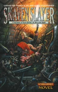 Cover of Skaven Slayer a Gotrek  Felix Warhammer novel A muscular warrior wielding a torch battles snarling skaven in a fiery underground tunnel surrounded by rat men