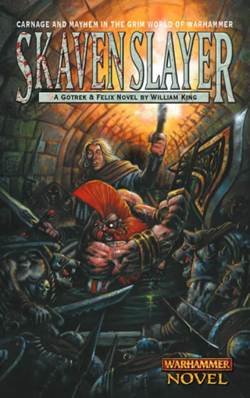 Cover of Skaven Slayer a Gotrek  Felix Warhammer novel A muscular warrior wielding a torch battles snarling skaven in a fiery underground tunnel surrounded by rat men