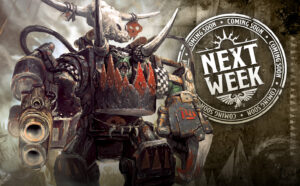 Orcish warrior in heavy armor with a spiked chest plate and massive gun set against a gritty industrial backdrop with a Next Week circle logo nearby
