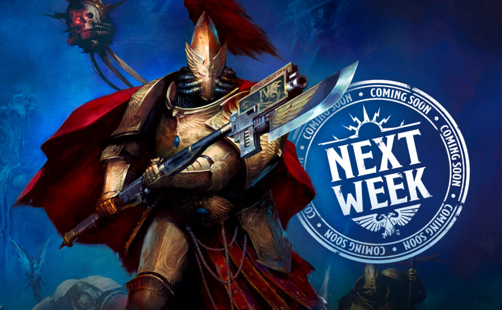Golden armored knight with a red cape holding a futuristic spear set against a blue background with a NEXT WEEK promo stamp