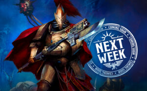 Golden armored knight with a red cape holding a futuristic spear set against a blue background with a NEXT WEEK promo stamp