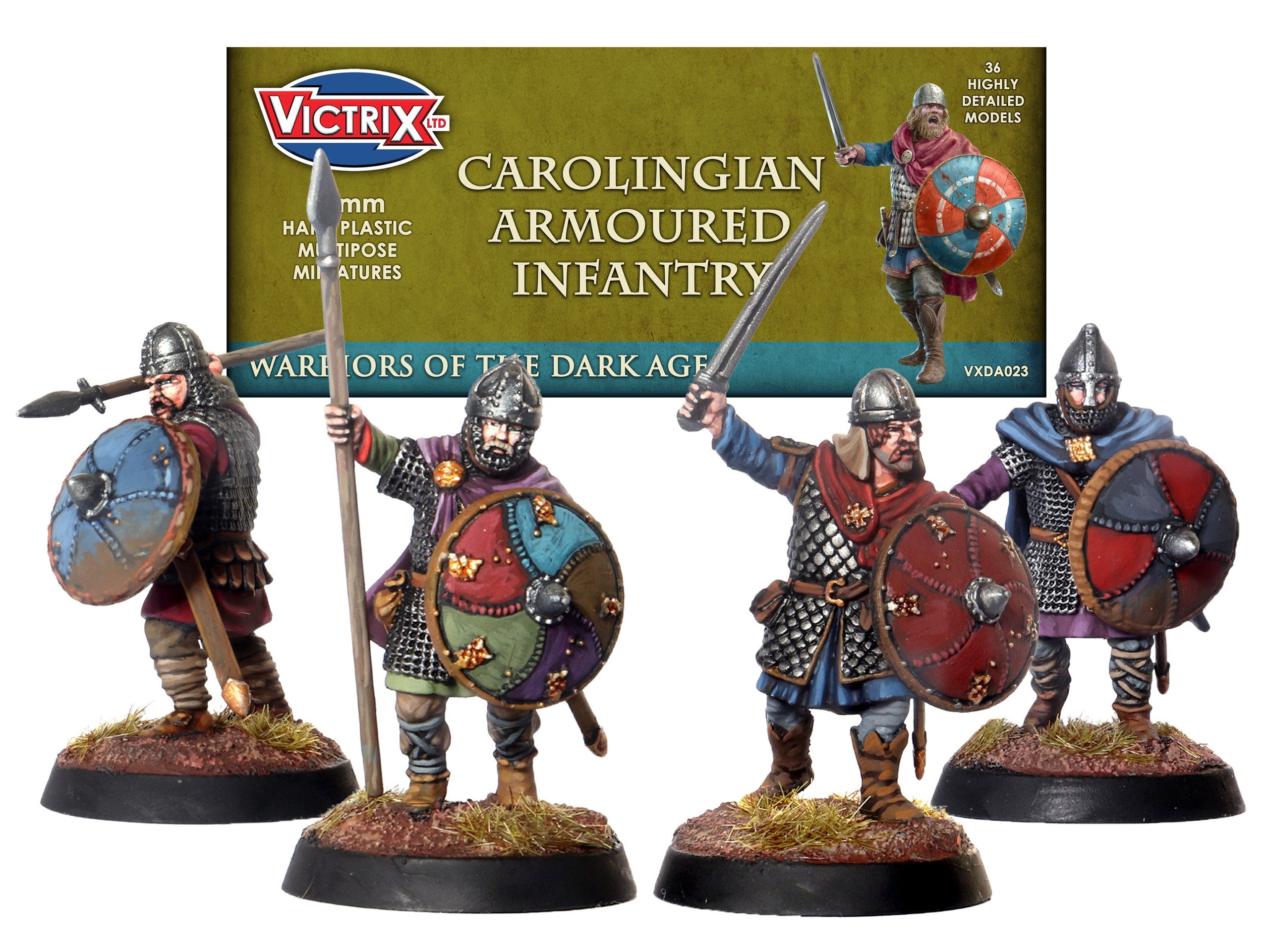 unnamed 5 Frontline Gaming Group of 28mm Carolingian armored infantry miniatures posed in front of a Victrix model kit box ready for wargaming collection